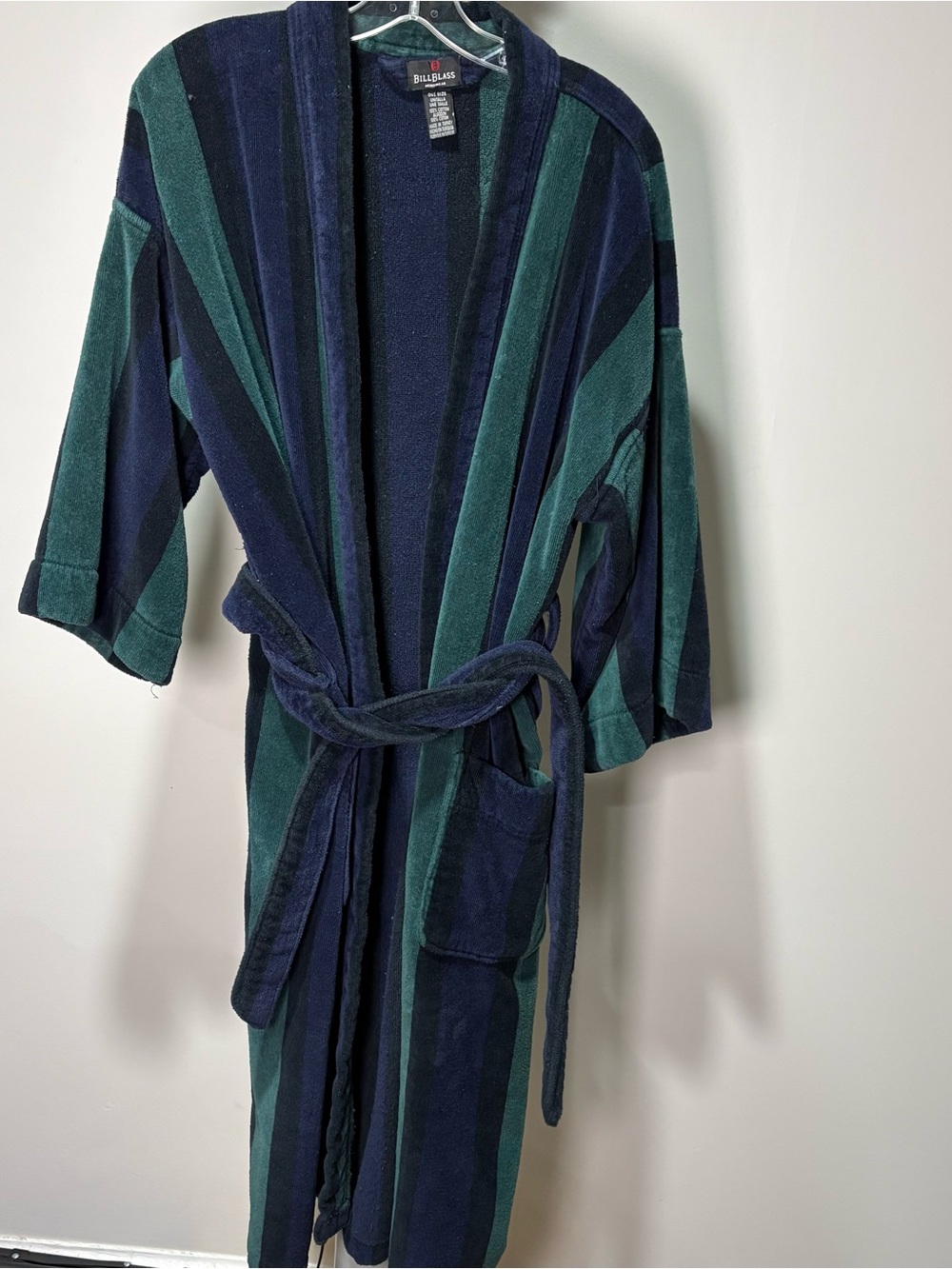 Vintage Bill Blass Mens Striped Cotton Terry Cloth Robe - One Size Green Navy